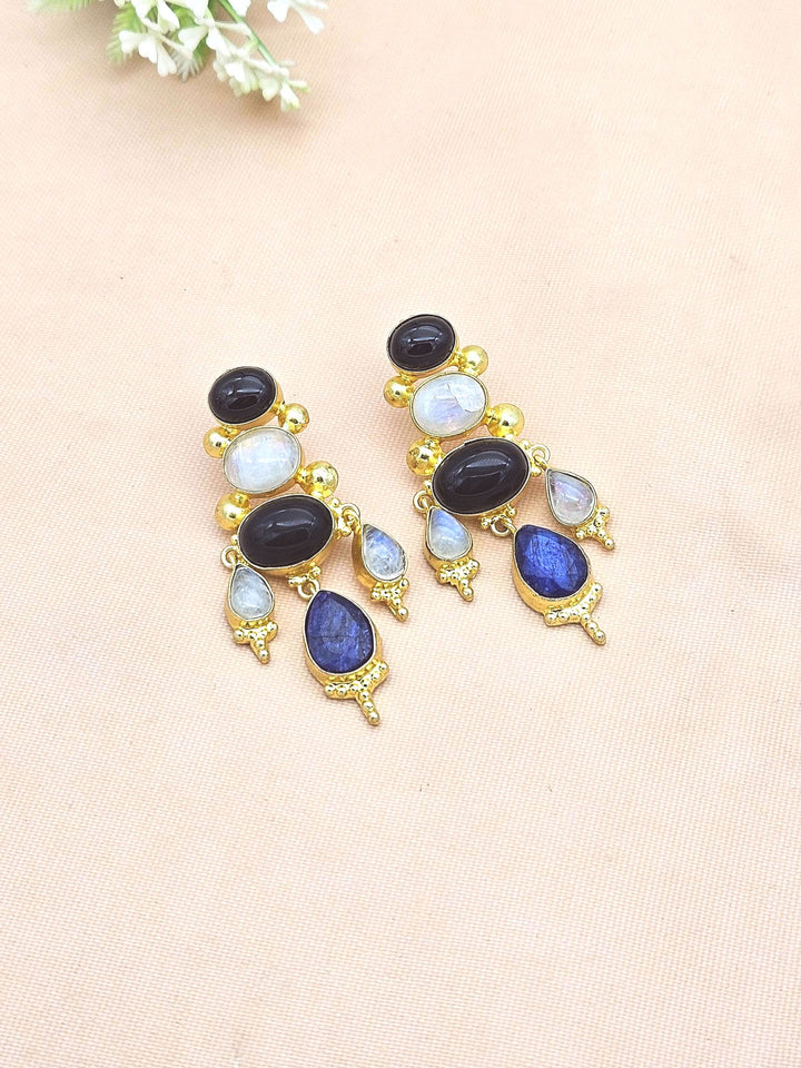 Awesome Gold Plated Black Onyx-White Rainbow-Blue Hathipara Floral Designer Dangle Drop Earrings
