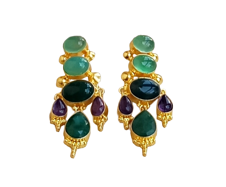 Awesome Gold Plated Green Chalcedony-Onyx, Amethyst-Green Hathipara Floral Designer Dangle Drop Earrings