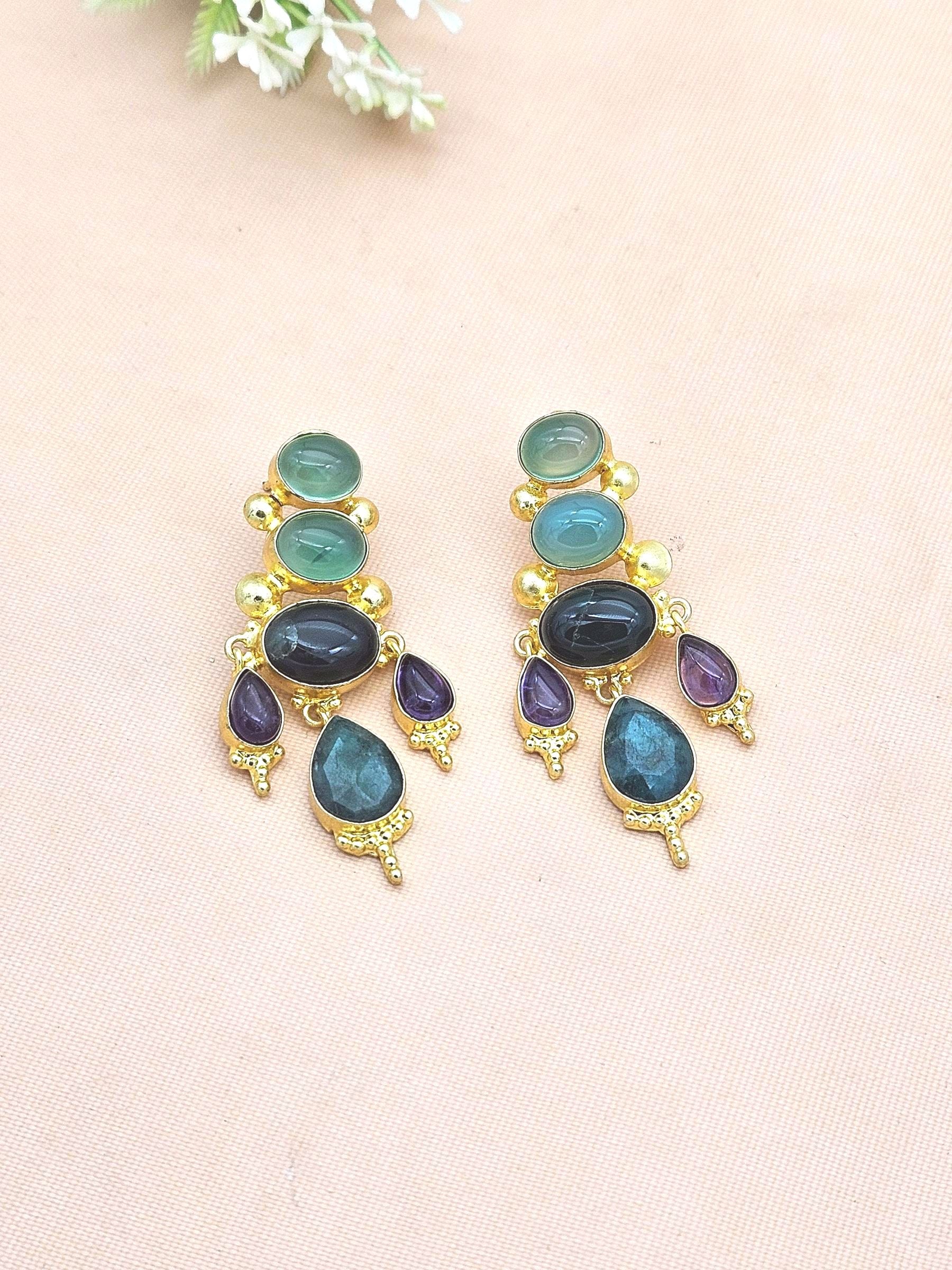 Awesome Gold Plated Green Chalcedony-Onyx, Amethyst-Green Hathipara Floral Designer Dangle Drop Earrings