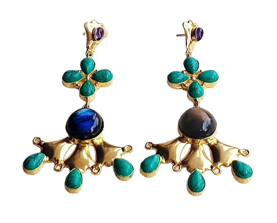 Artistic Gold Plated Labradorite- Turquoise-Amethyst Stones Floral Design Dangle Drop Earrings