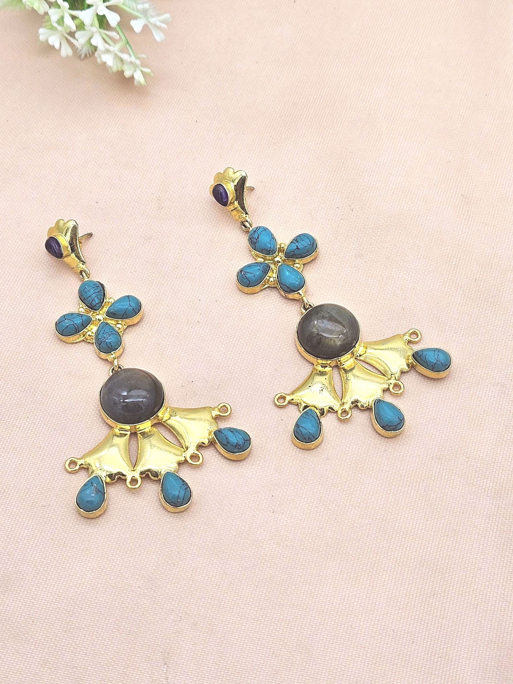 Artistic Gold Plated Labradorite- Turquoise-Amethyst Stones Floral Design Dangle Drop Earrings