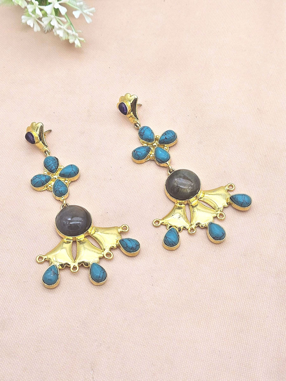 Artistic Gold Plated Labradorite- Turquoise-Amethyst Stones Floral Design Dangle Drop Earrings