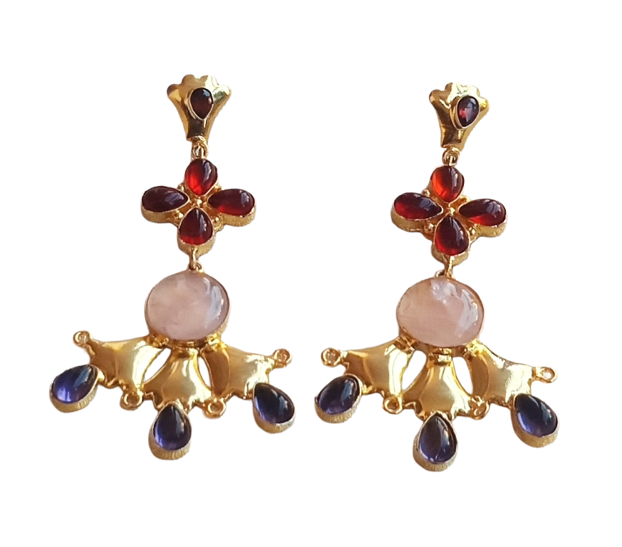 Artistic Gold Plated Amethyst-Rose Qtz-Red Glass Stones Floral Design Dangle Drop Earrings