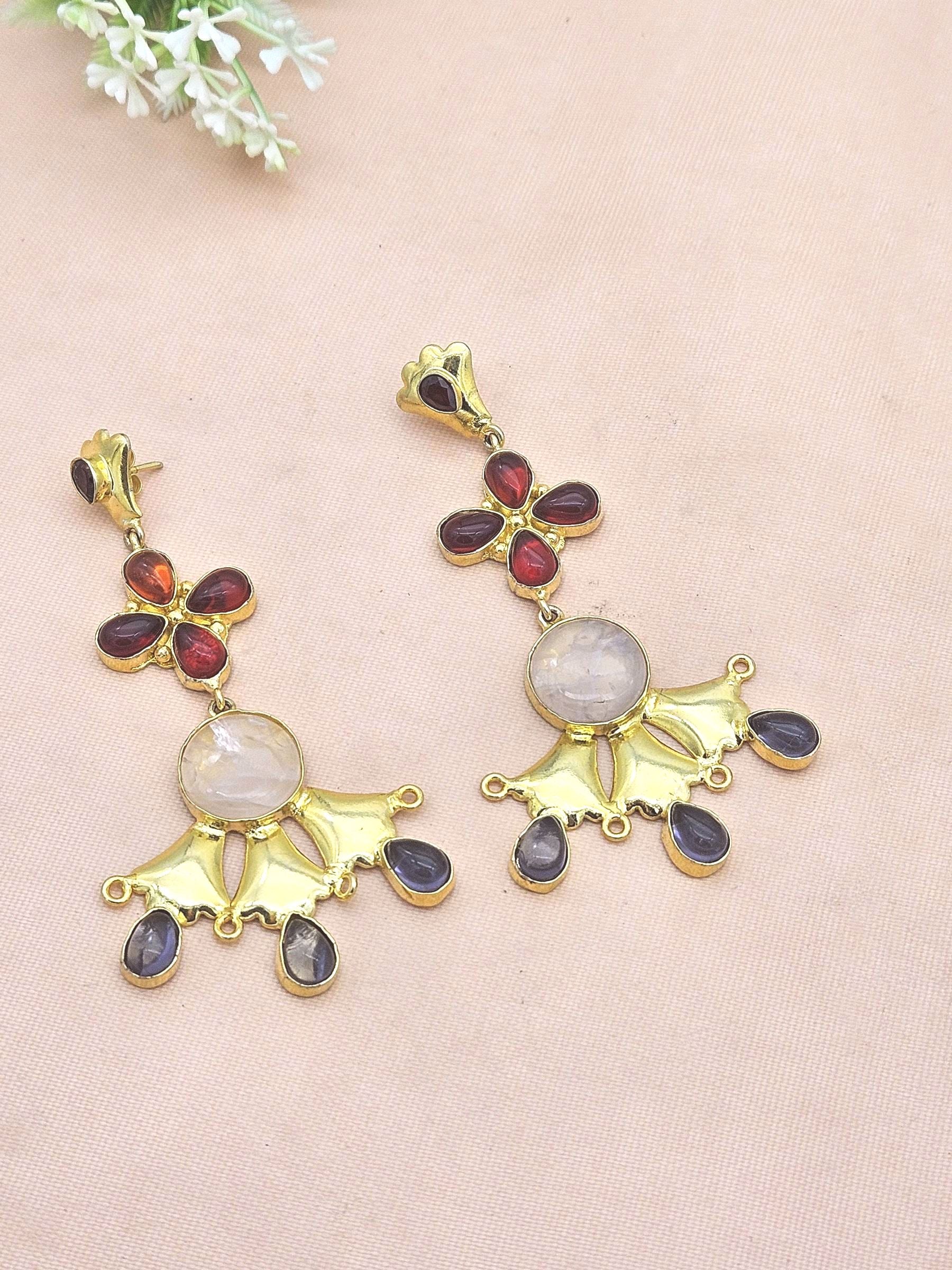 Artistic Gold Plated Amethyst-Rose Qtz-Red Glass Stones Floral Design Dangle Drop Earrings