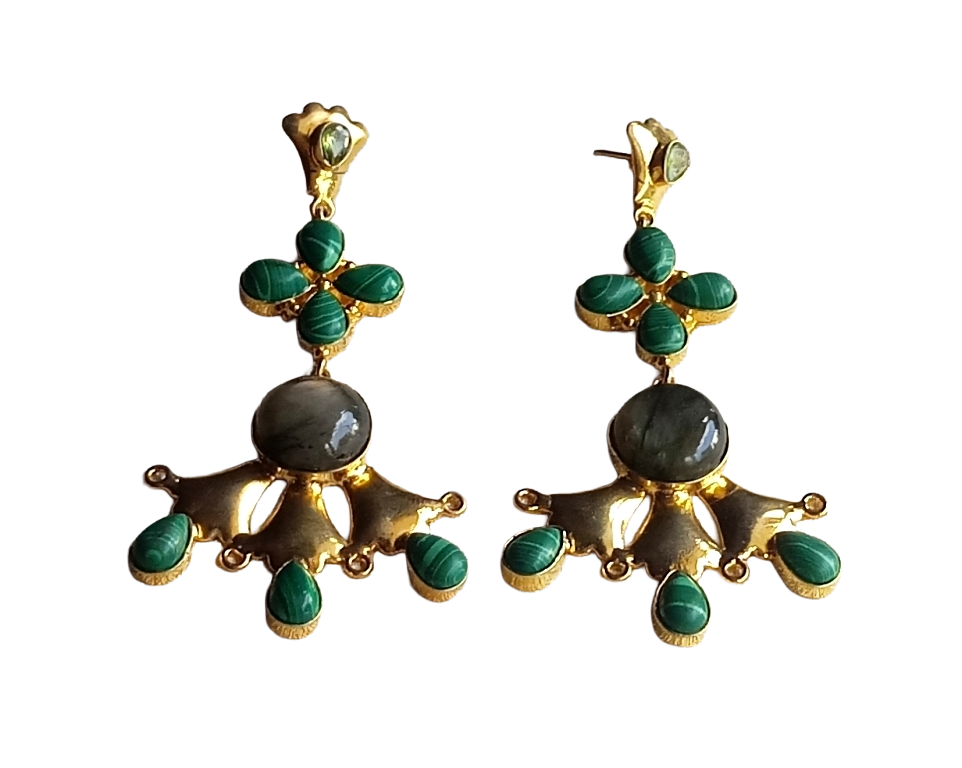 Artistic Gold Plated Labradorite-Malachite-Peridot Stones Floral Design Dangle Drop Earrings