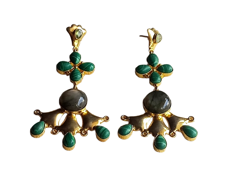 Artistic Gold Plated Labradorite-Malachite-Peridot Stones Floral Design Dangle Drop Earrings