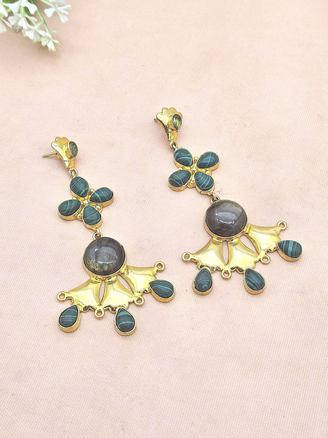 Artistic Gold Plated Labradorite-Malachite-Peridot Stones Floral Design Dangle Drop Earrings