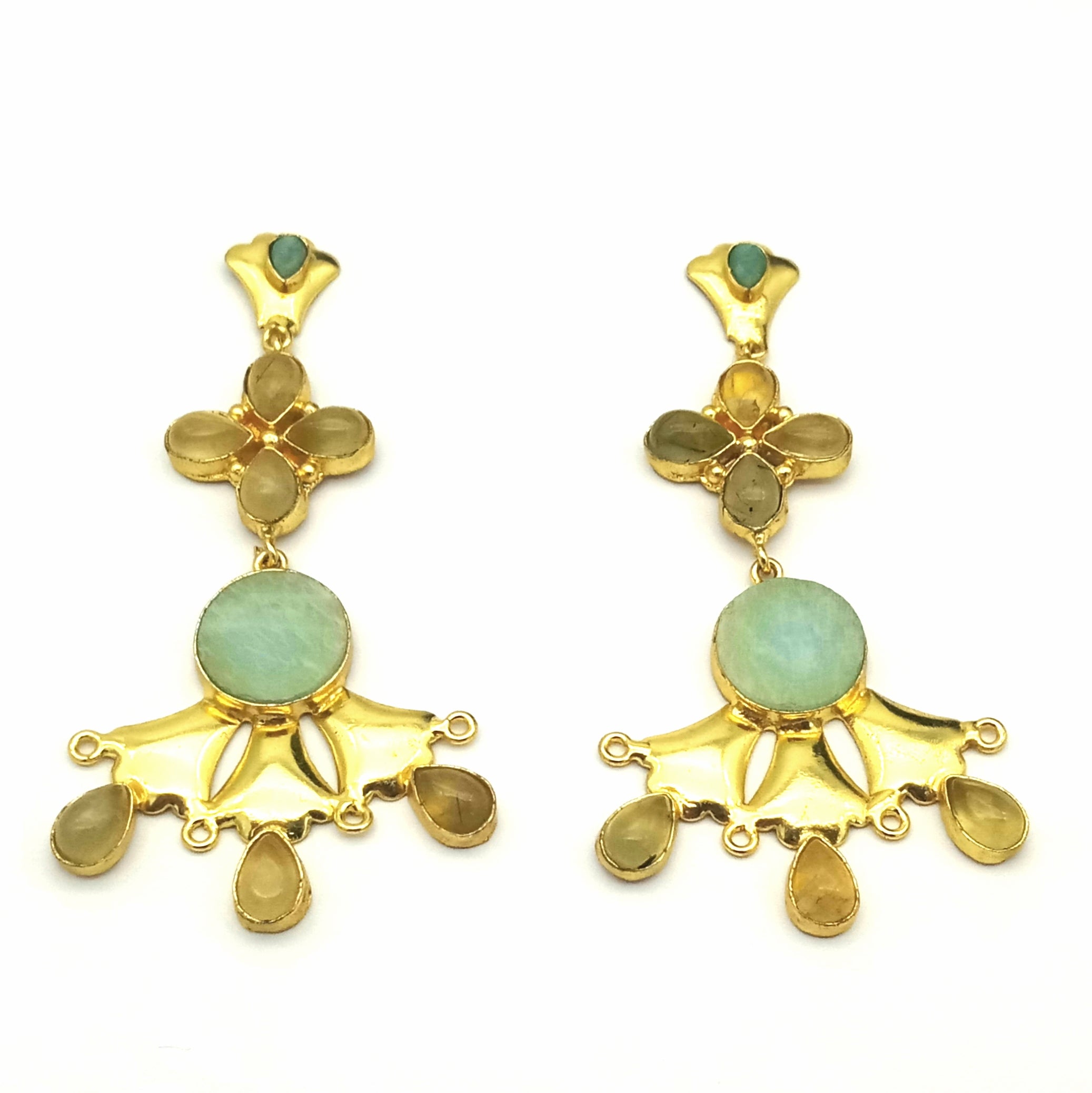 Artistic Gold Plated Amazonite Prehnite Stones Floral Design Dangle Drop Earrings