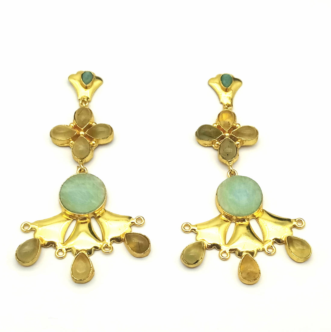 Artistic Gold Plated Amazonite Prehnite Stones Floral Design Dangle Drop Earrings