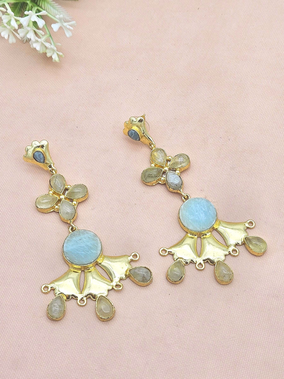 Artistic Gold Plated Amazonite Prehnite Stones Floral Design Dangle Drop Earrings