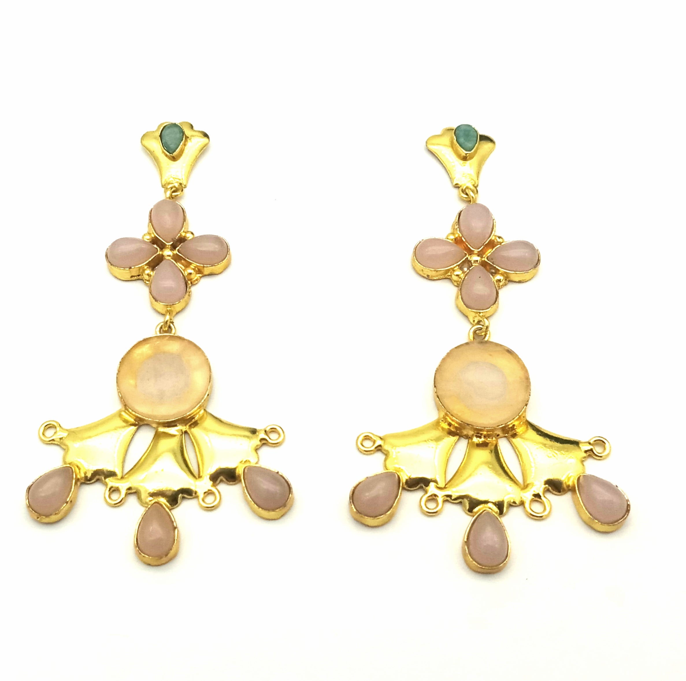 Artistic Gold Plated Rose Quartz Amazonite Stones Floral Design Dangle Drop Earrings