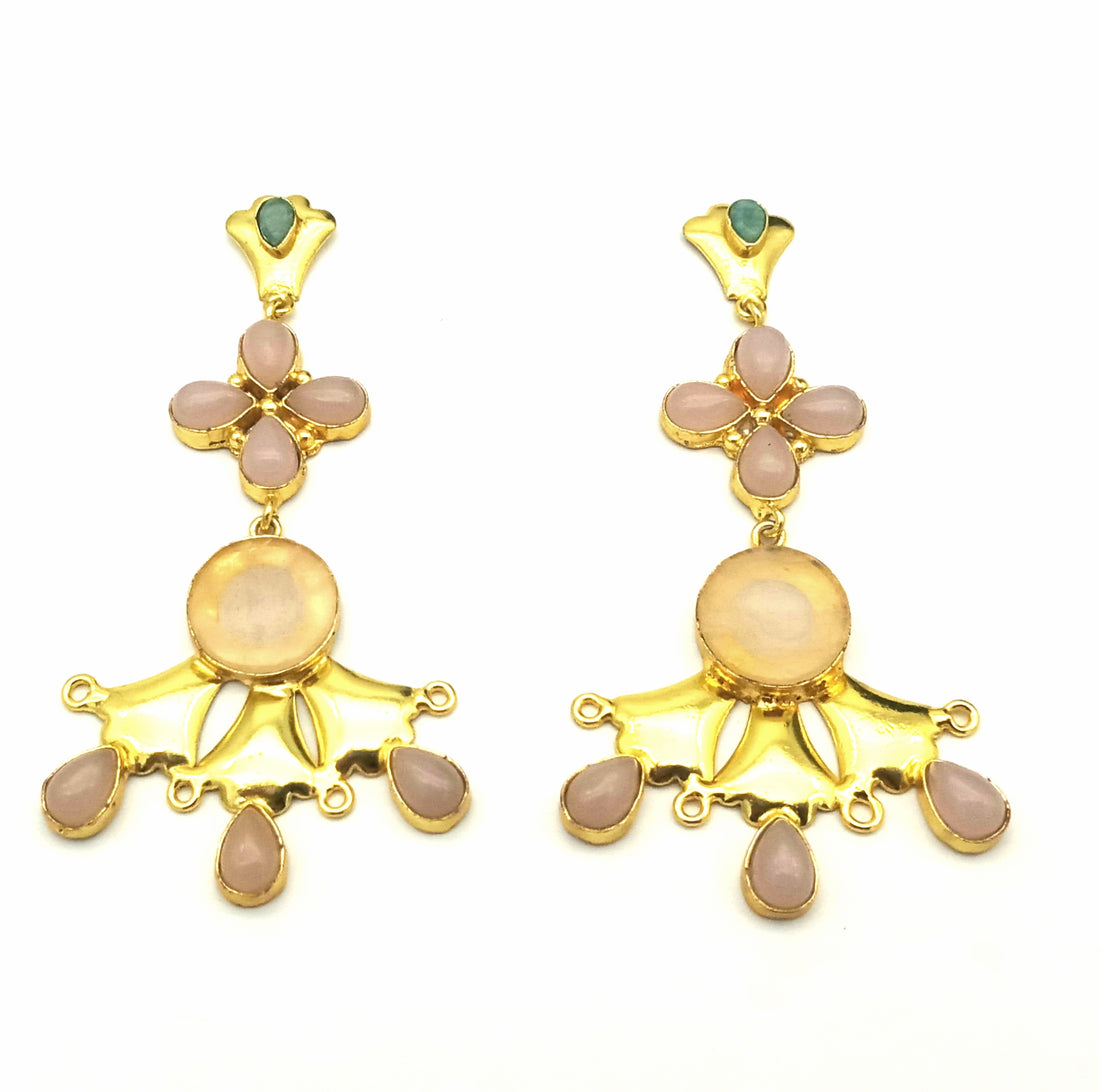 Artistic Gold Plated Rose Quartz Amazonite Stones Floral Design Dangle Drop Earrings
