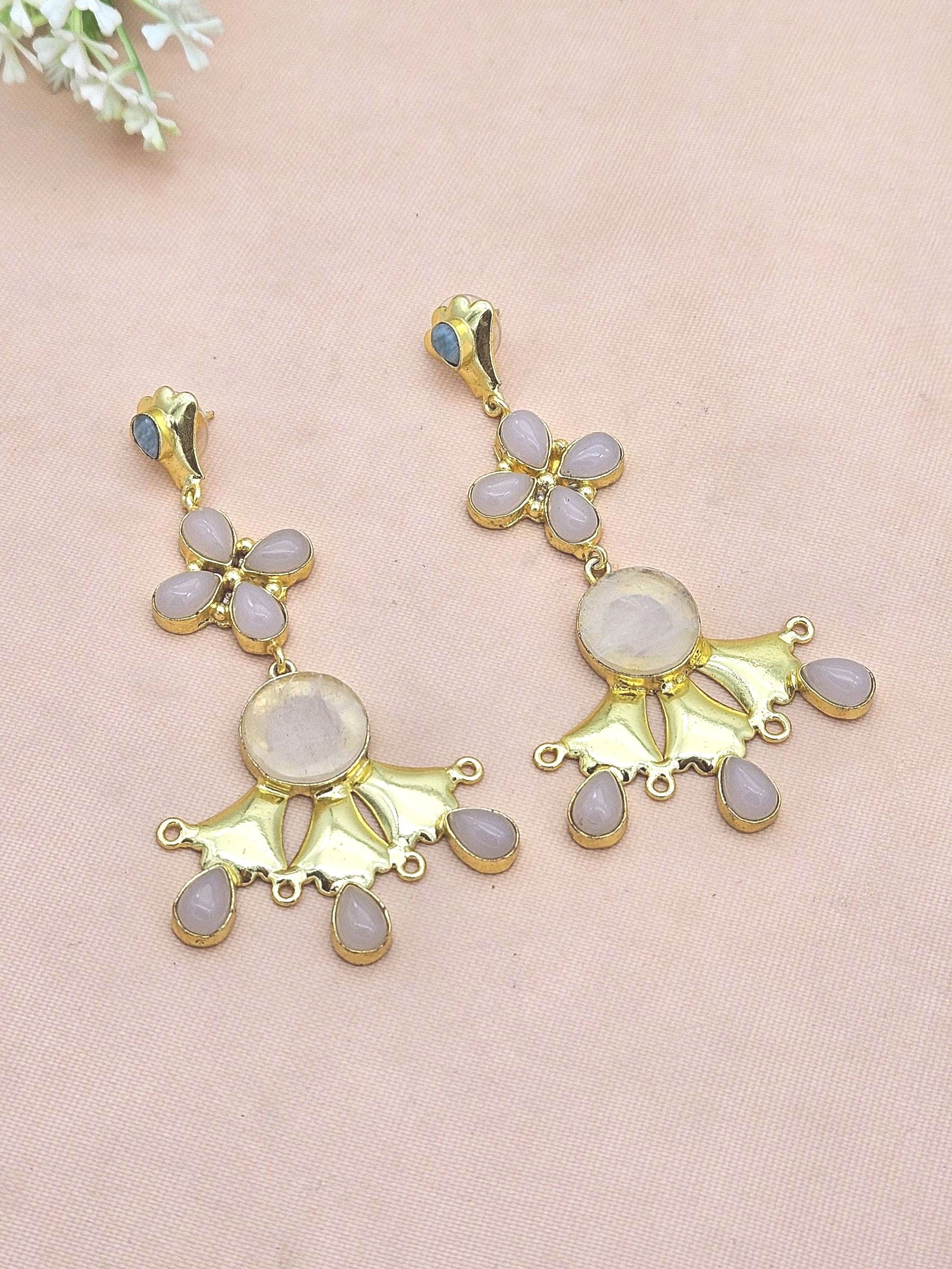 Artistic Gold Plated Rose Quartz Amazonite Stones Floral Design Dangle Drop Earrings