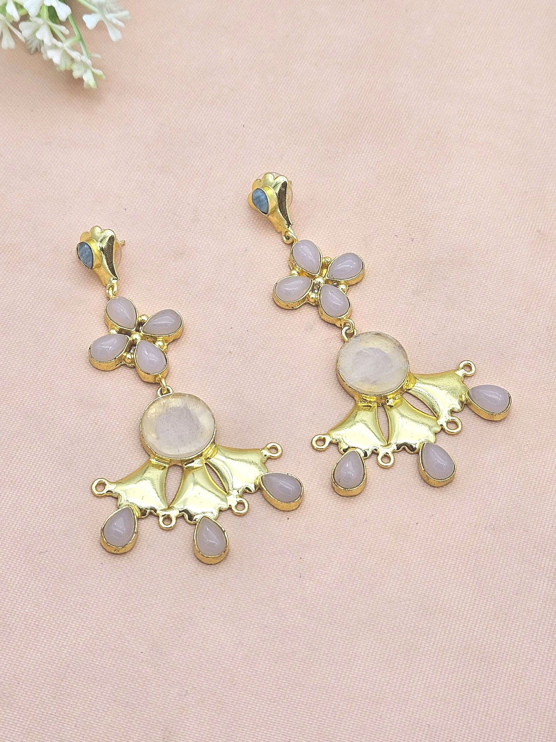 Artistic Gold Plated Rose Quartz Amazonite Stones Floral Design Dangle Drop Earrings