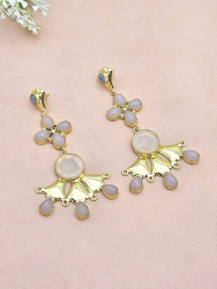 Artistic Gold Plated Rose Quartz Amazonite Stones Floral Design Dangle Drop Earrings