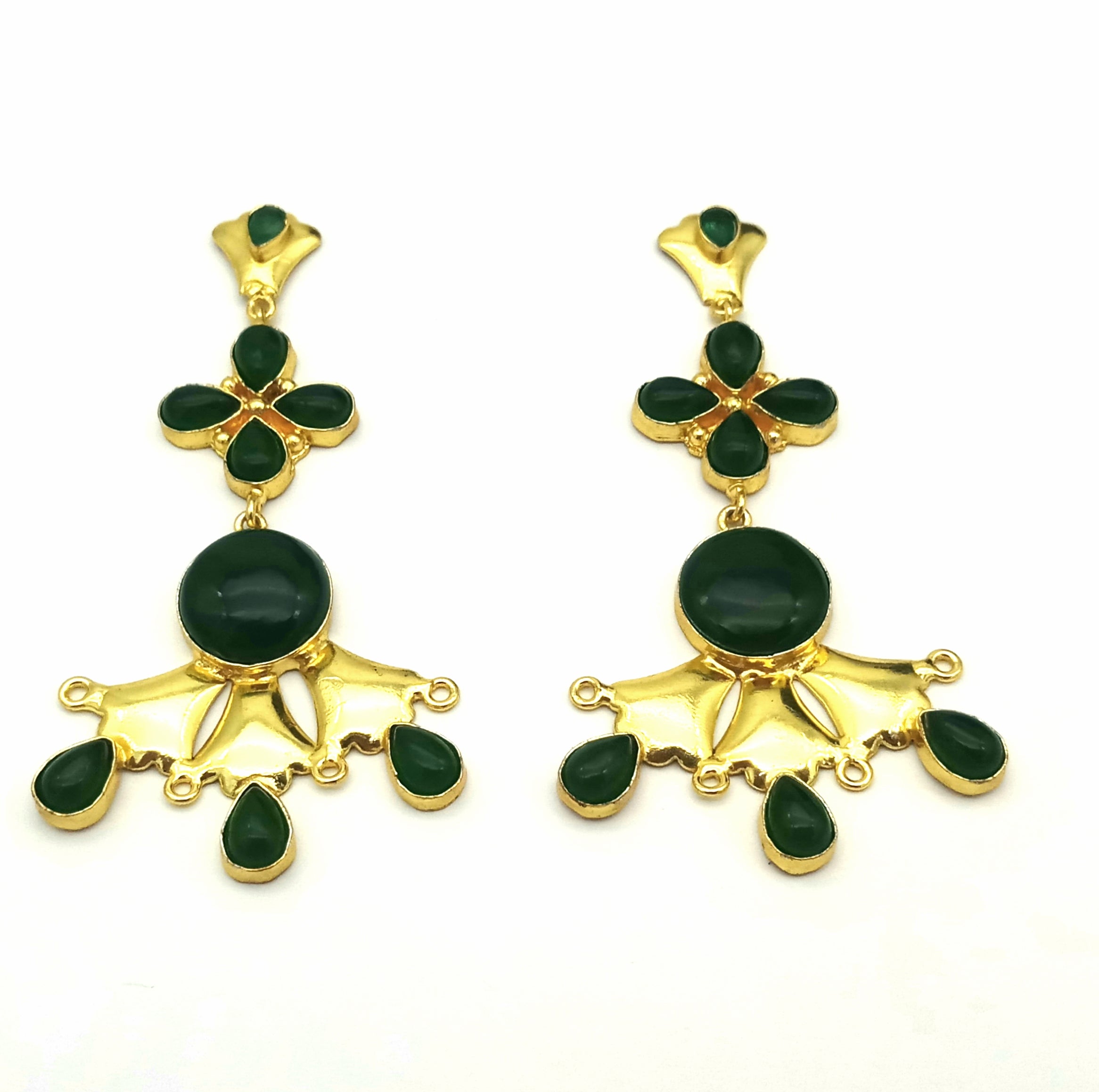 Artistic Gold Plated Green Onyx stone Floral Designer Dangle Drop Earrings