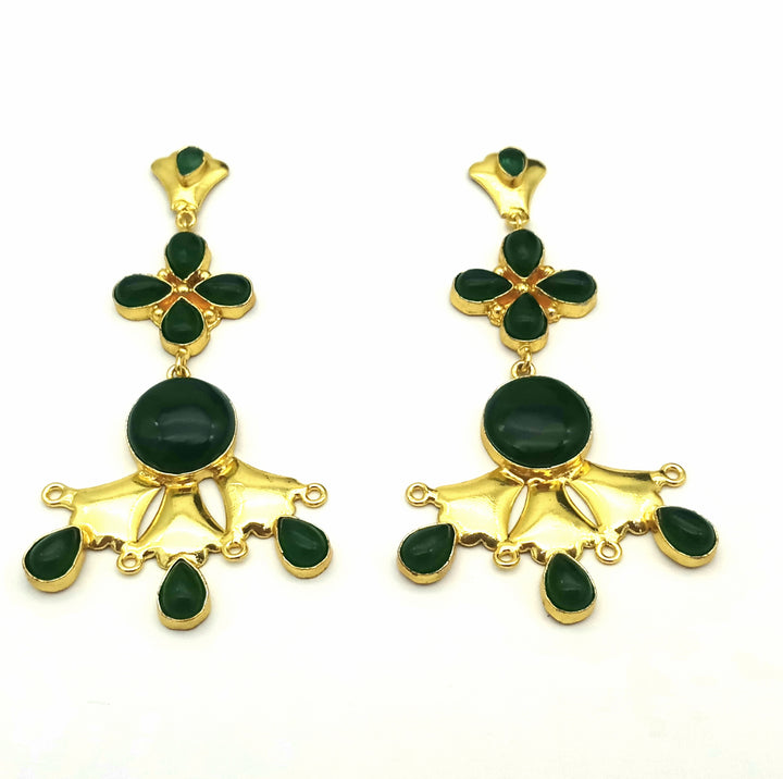 Artistic Gold Plated Green Onyx stone Floral Designer Dangle Drop Earrings