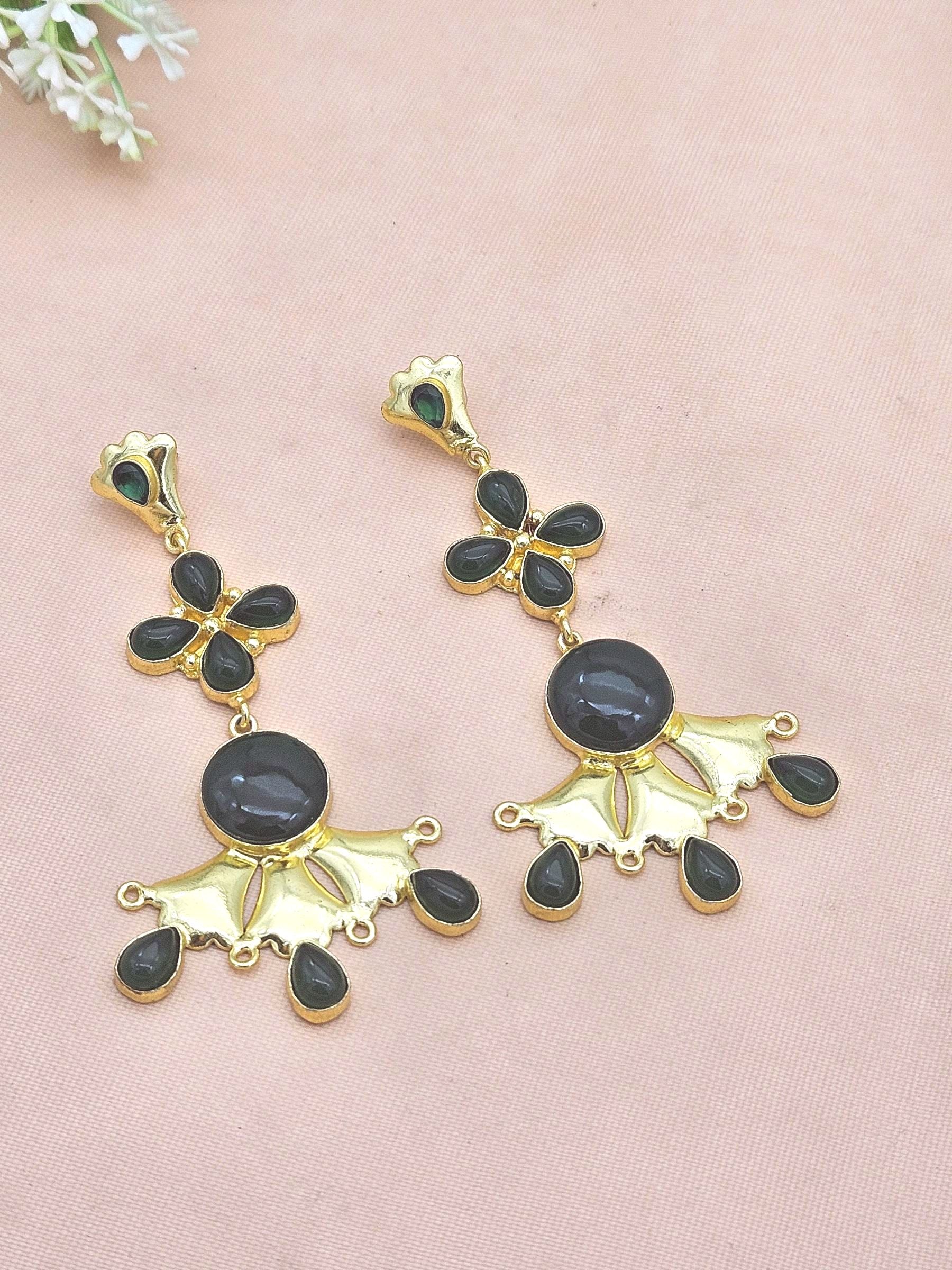 Artistic Gold Plated Green Onyx stone Floral Designer Dangle Drop Earrings