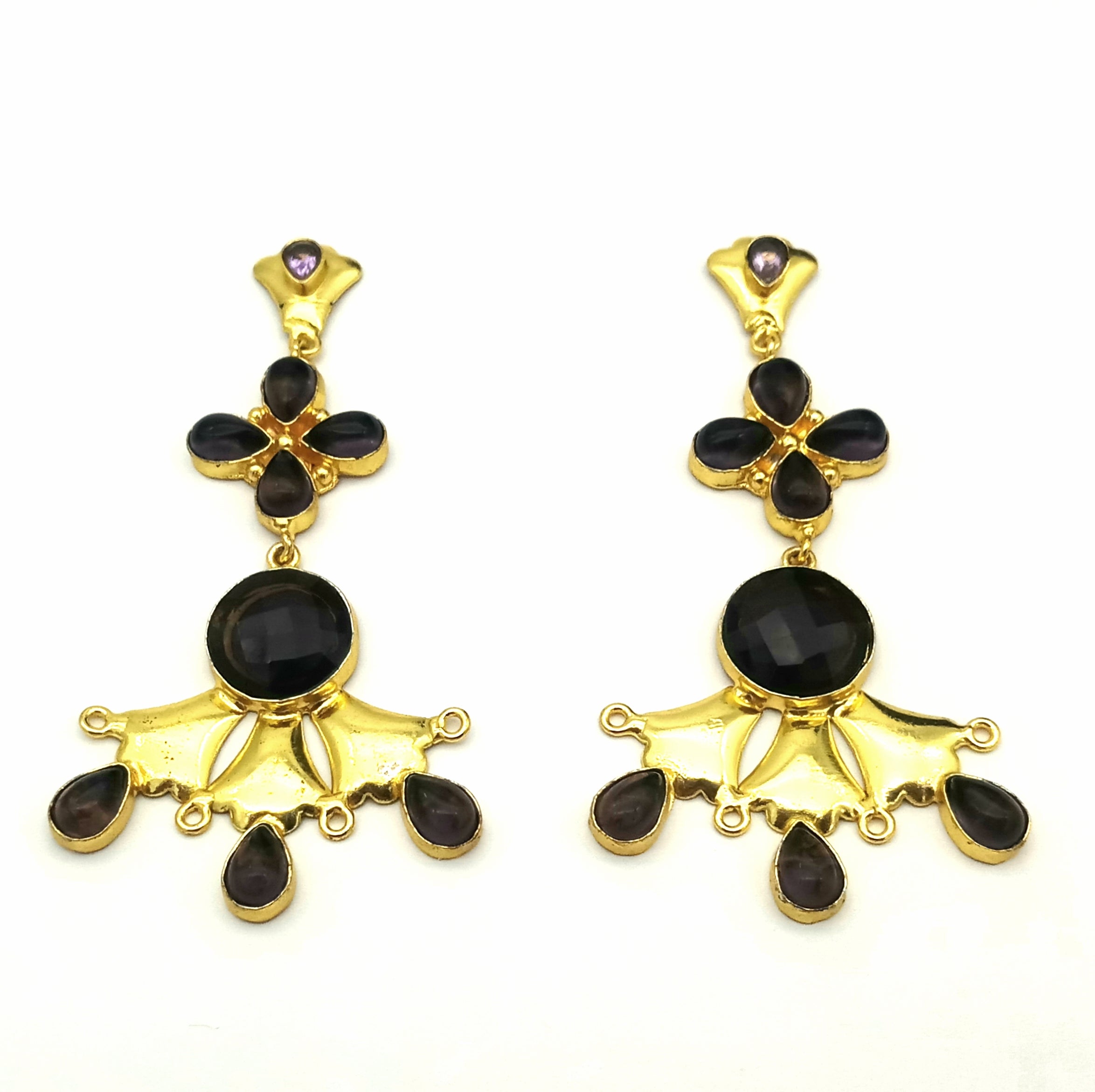 Artistic Gold Plated Green Amethyst stone Floral Designer Dangle Drop Earrings