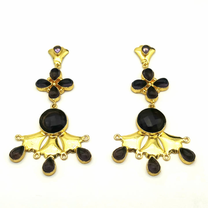Artistic Gold Plated Green Amethyst stone Floral Designer Dangle Drop Earrings