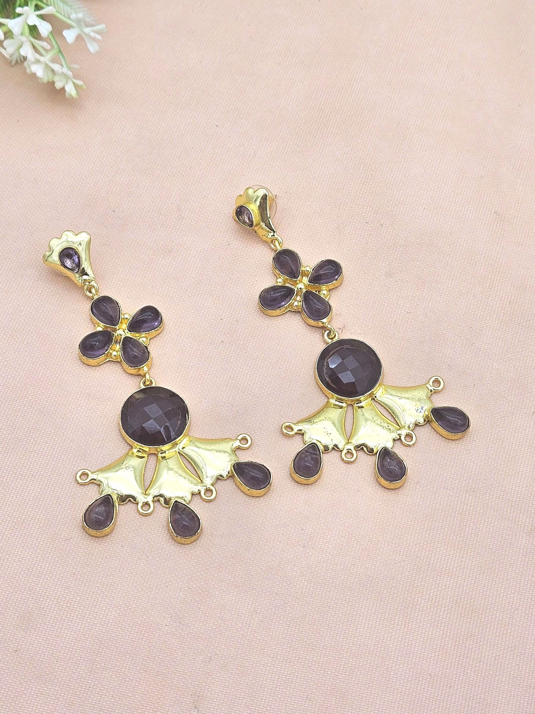 Artistic Gold Plated Green Amethyst stone Floral Designer Dangle Drop Earrings
