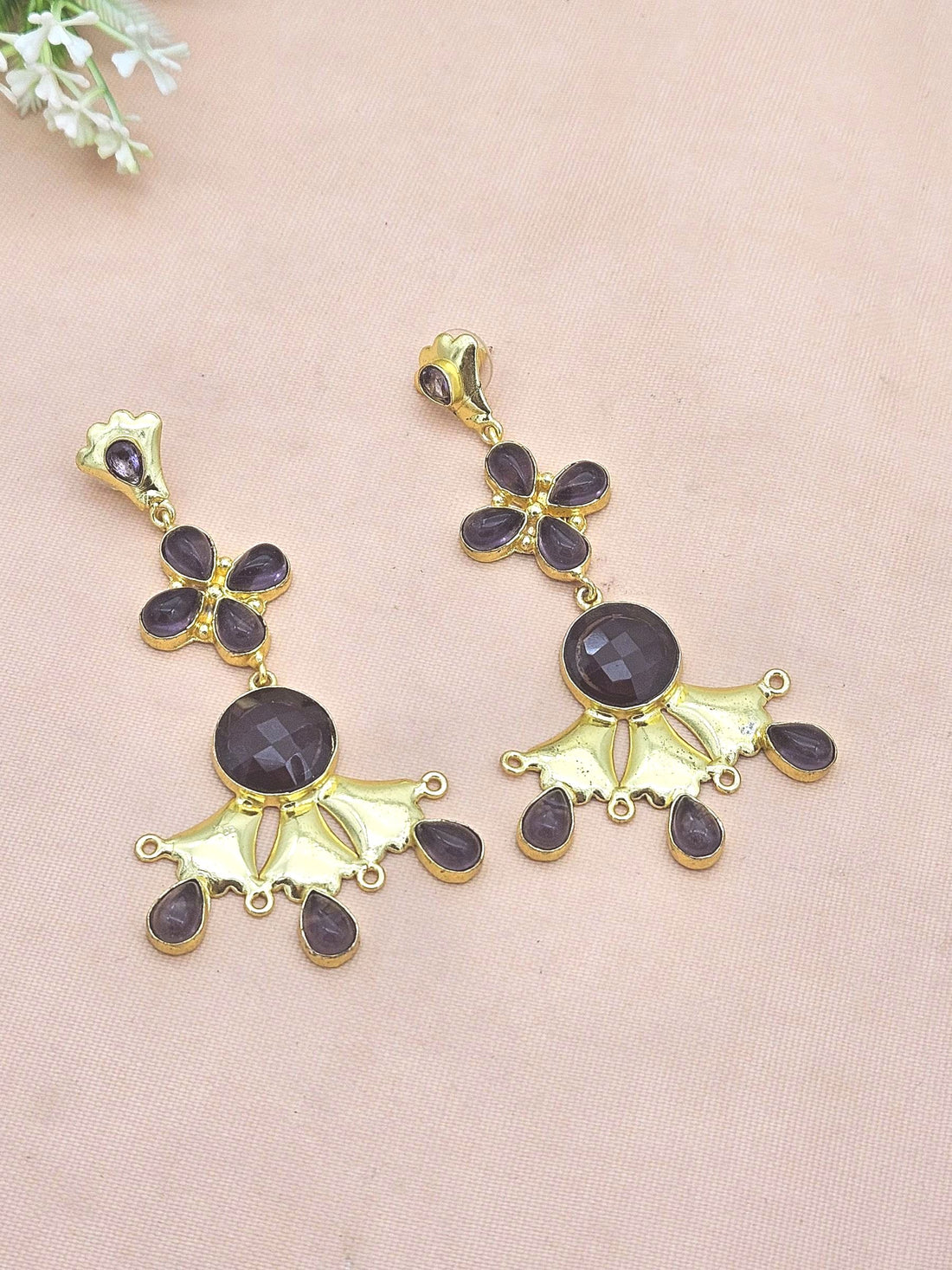 Artistic Gold Plated Green Amethyst stone Floral Designer Dangle Drop Earrings