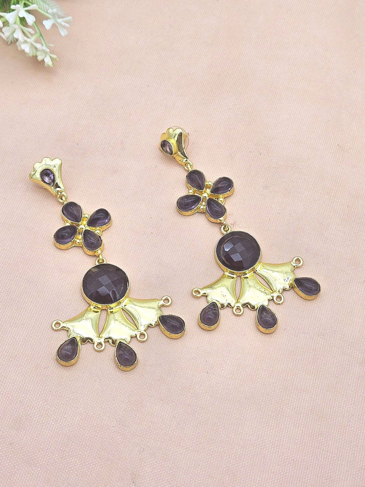 Artistic Gold Plated Green Amethyst stone Floral Designer Dangle Drop Earrings