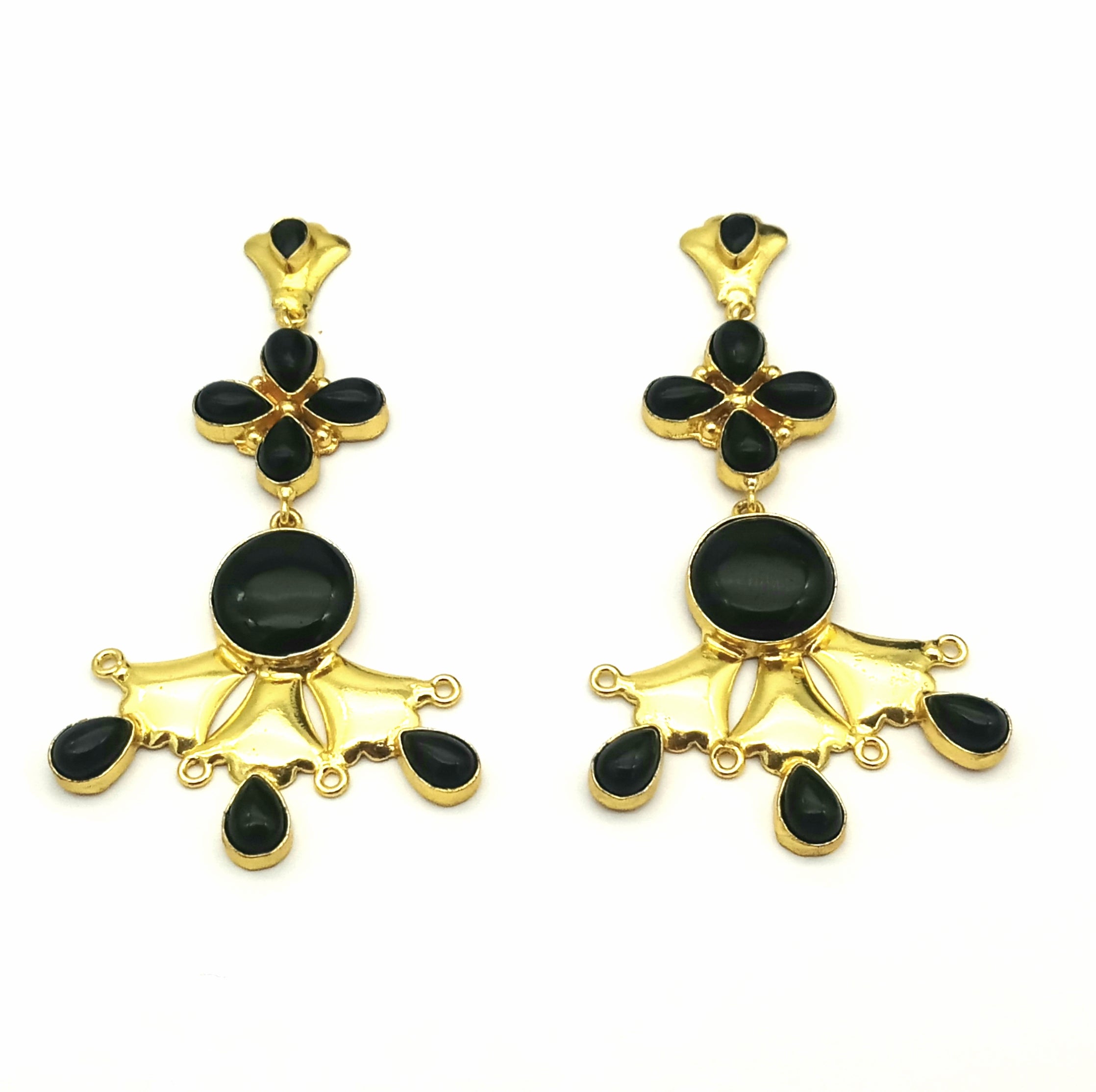 Artistic Gold Plated Black Onyx stone Floral Designer Dangle Drop Earrings