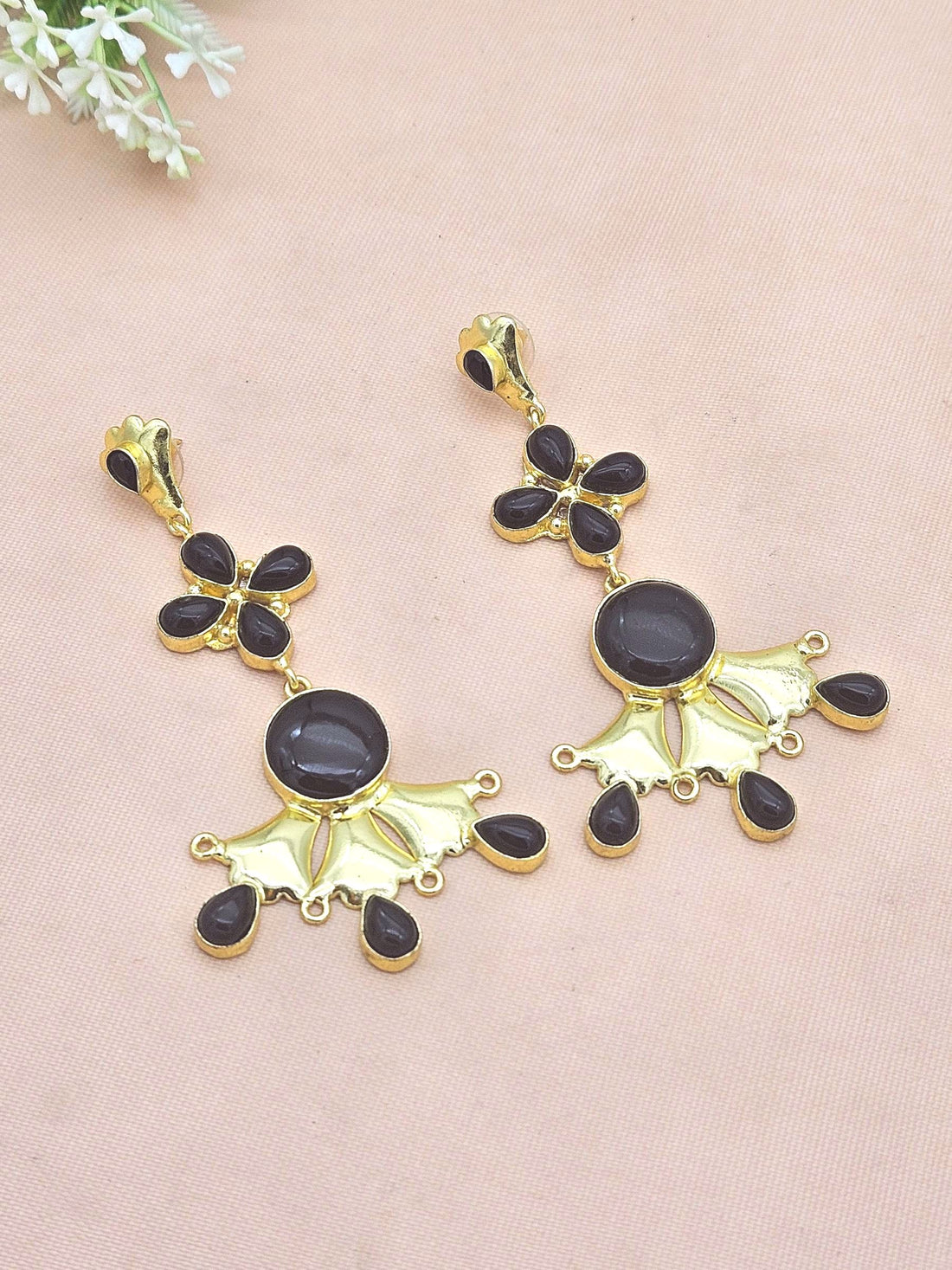 Artistic Gold Plated Black Onyx stone Floral Designer Dangle Drop Earrings