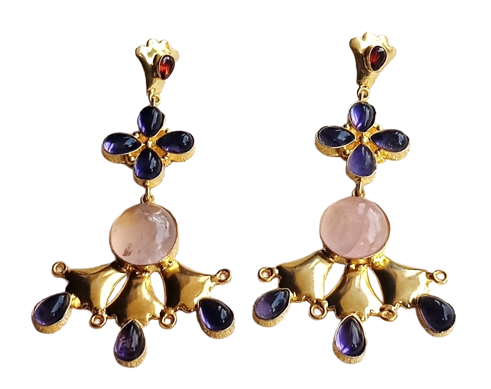 Artistic Gold Plated Rose Quartz Amethyst Garnet Stones Floral Design Dangle Drop Earrings