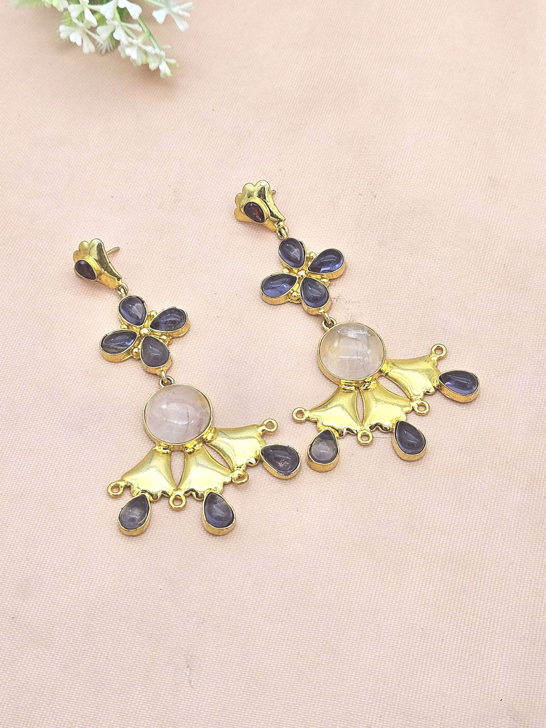 Artistic Gold Plated Rose Quartz Amethyst Garnet Stones Floral Design Dangle Drop Earrings