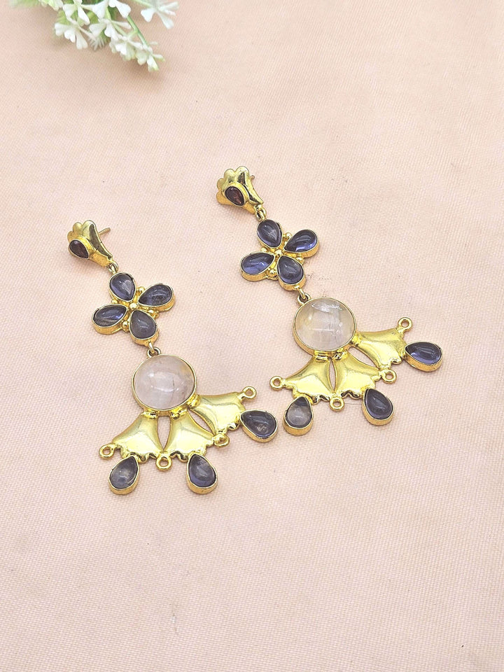 Artistic Gold Plated Rose Quartz Amethyst Garnet Stones Floral Design Dangle Drop Earrings