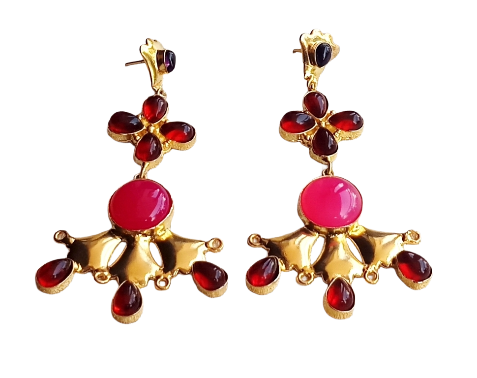 Artistic Gold Plated Magenta Onyx Red Glass Amethyst Stones Floral Design Dangle Drop Earrings