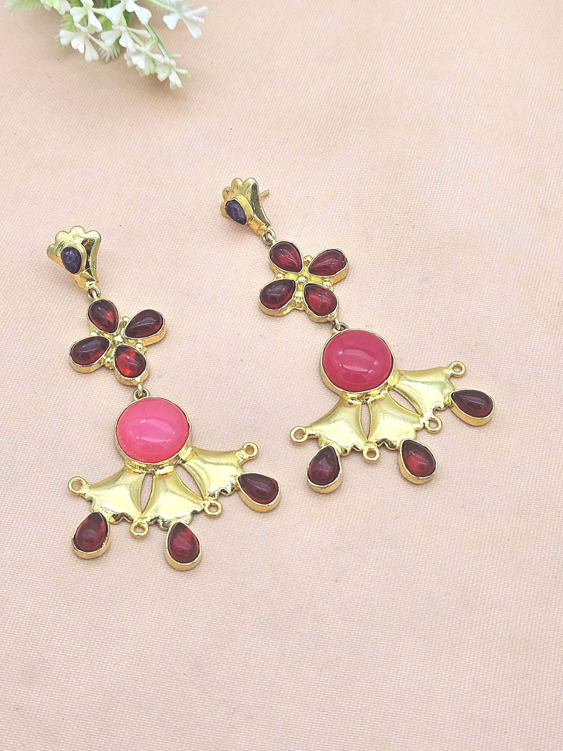 Artistic Gold Plated Magenta Onyx Red Glass Amethyst Stones Floral Design Dangle Drop Earrings