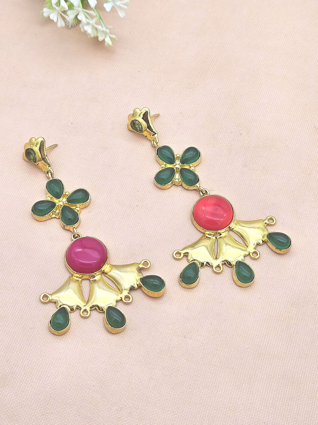 Artistic Gold Plated Magenta & Green Onyx Peridot Stones Floral Design Dangle Drop Earrings