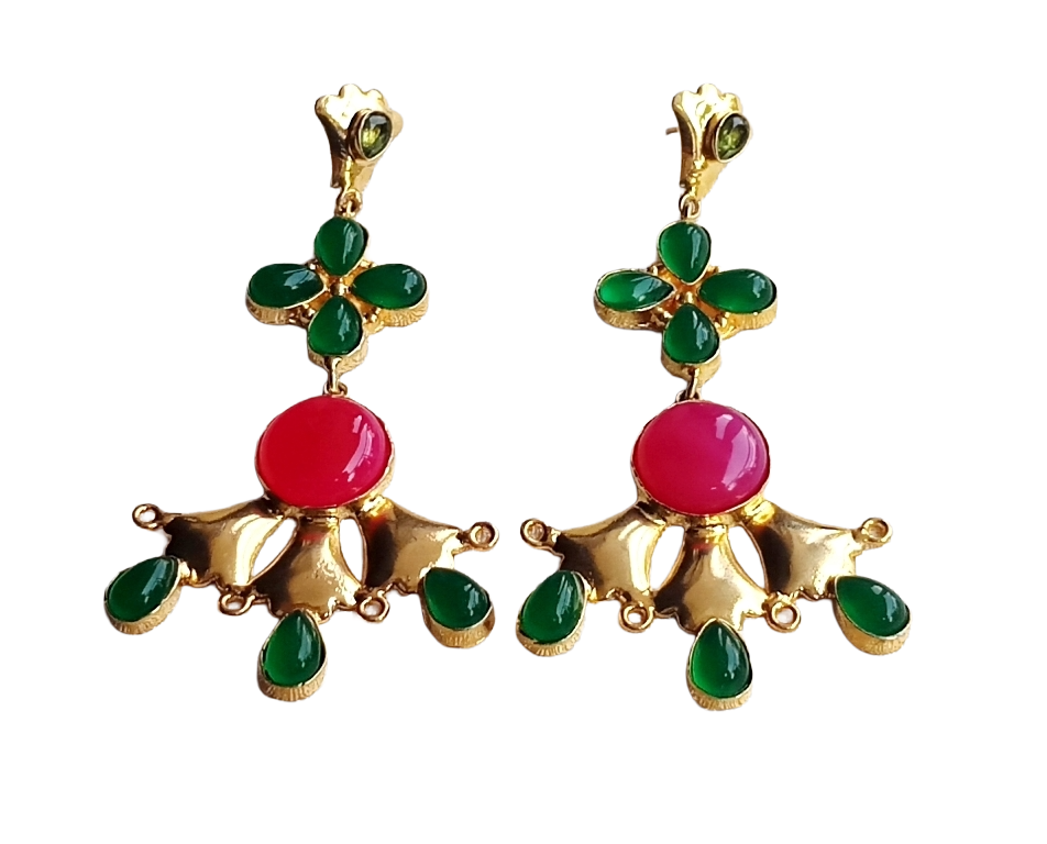Artistic Gold Plated Magenta & Green Onyx Peridot Stones Floral Design Dangle Drop Earrings