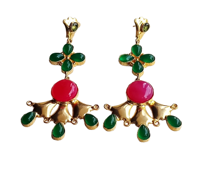 Artistic Gold Plated Magenta & Green Onyx Peridot Stones Floral Design Dangle Drop Earrings