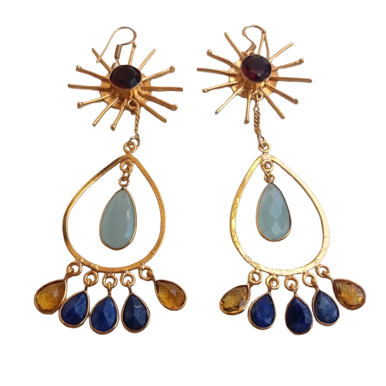 Amazing Gold Plated Garnet Chalcedony Citrine Lapis Floral Designer Dangle Drop Earrings