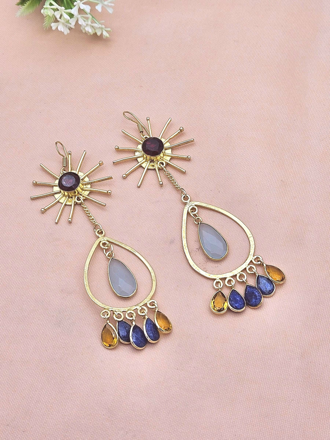 Amazing Gold Plated Garnet Chalcedony Citrine Lapis Floral Designer Dangle Drop Earrings