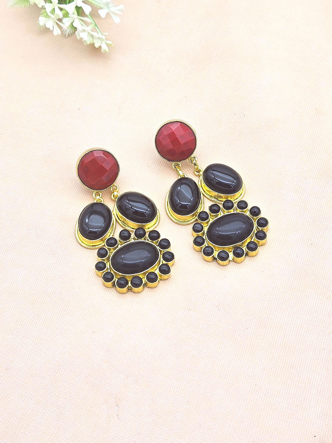 Charming Gold Plated Faceted Coral-Black Onyx Floral Designer Dangle Drop Earrings