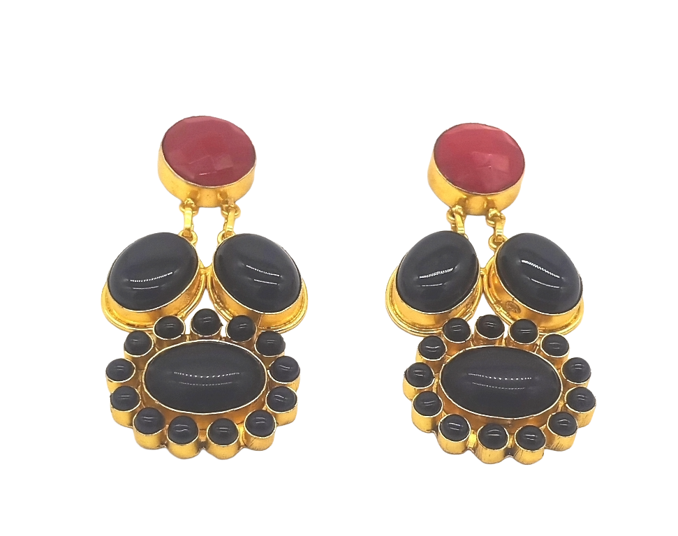 Charming Gold Plated Faceted Coral-Black Onyx Floral Designer Dangle Drop Earrings