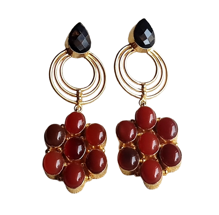 Stunning Gold Plated Red Onyx-Smoky Gem Stone Floral Designer Dangle Drop Earrings