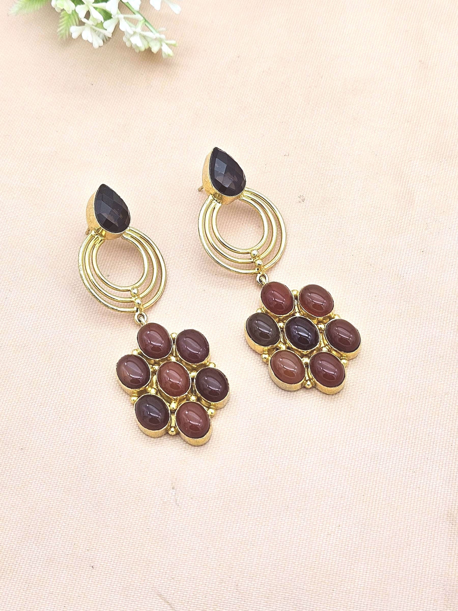 Stunning Gold Plated Red Onyx-Smoky Gem Stone Floral Designer Dangle Drop Earrings