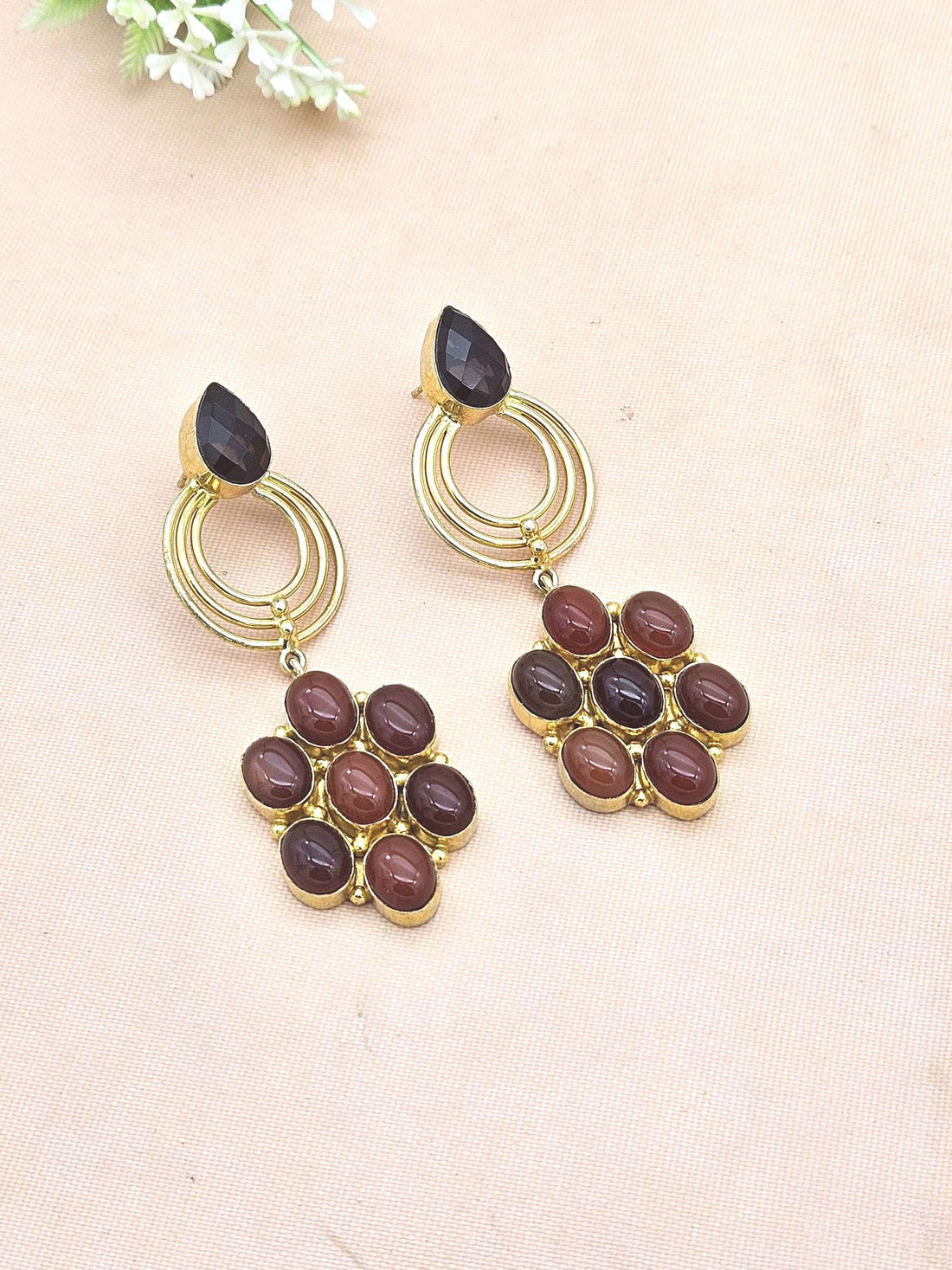 Stunning Gold Plated Red Onyx-Smoky Gem Stone Floral Designer Dangle Drop Earrings