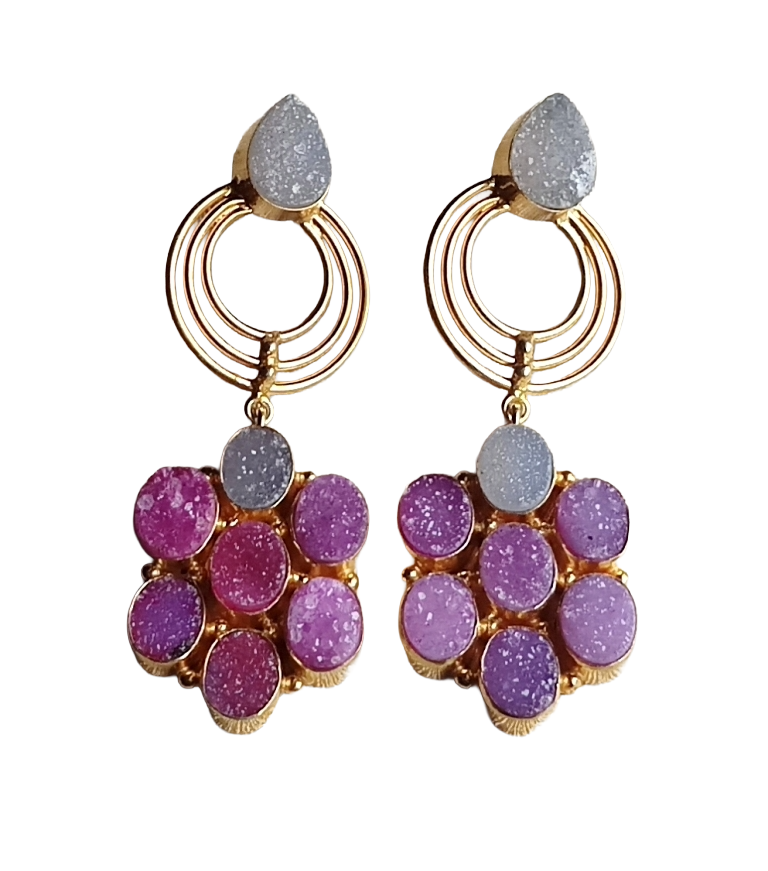 Stunning Gold Plated Onyx Druzy Stone Floral Designer Dangle Drop Earrings