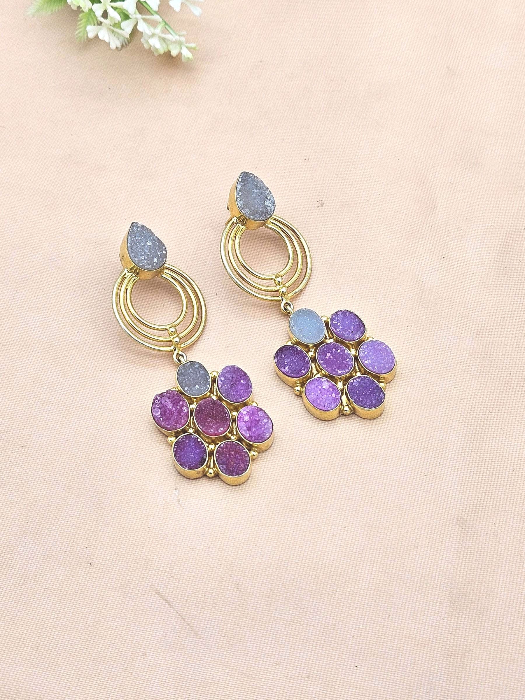 Stunning Gold Plated Onyx Druzy Stone Floral Designer Dangle Drop Earrings