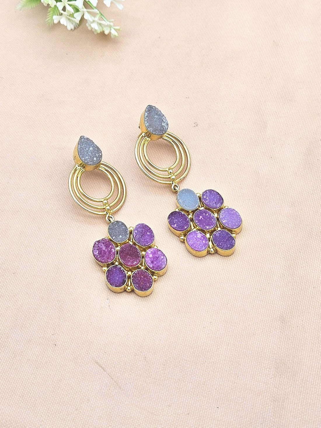 Stunning Gold Plated Onyx Druzy Stone Floral Designer Dangle Drop Earrings