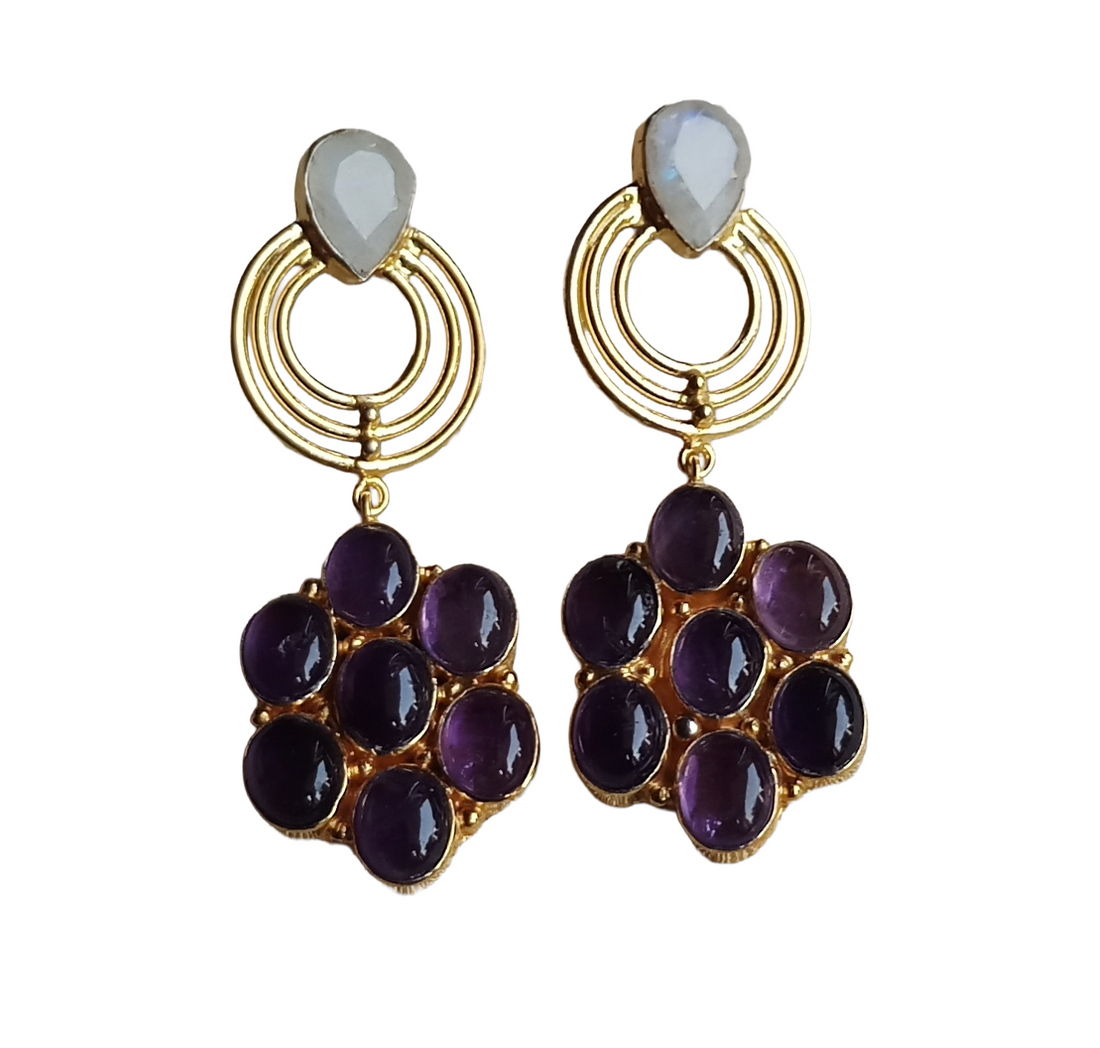 Stunning Gold Plated Amethyst-White Rainbow Stone Floral Designer Dangle Drop Earrings