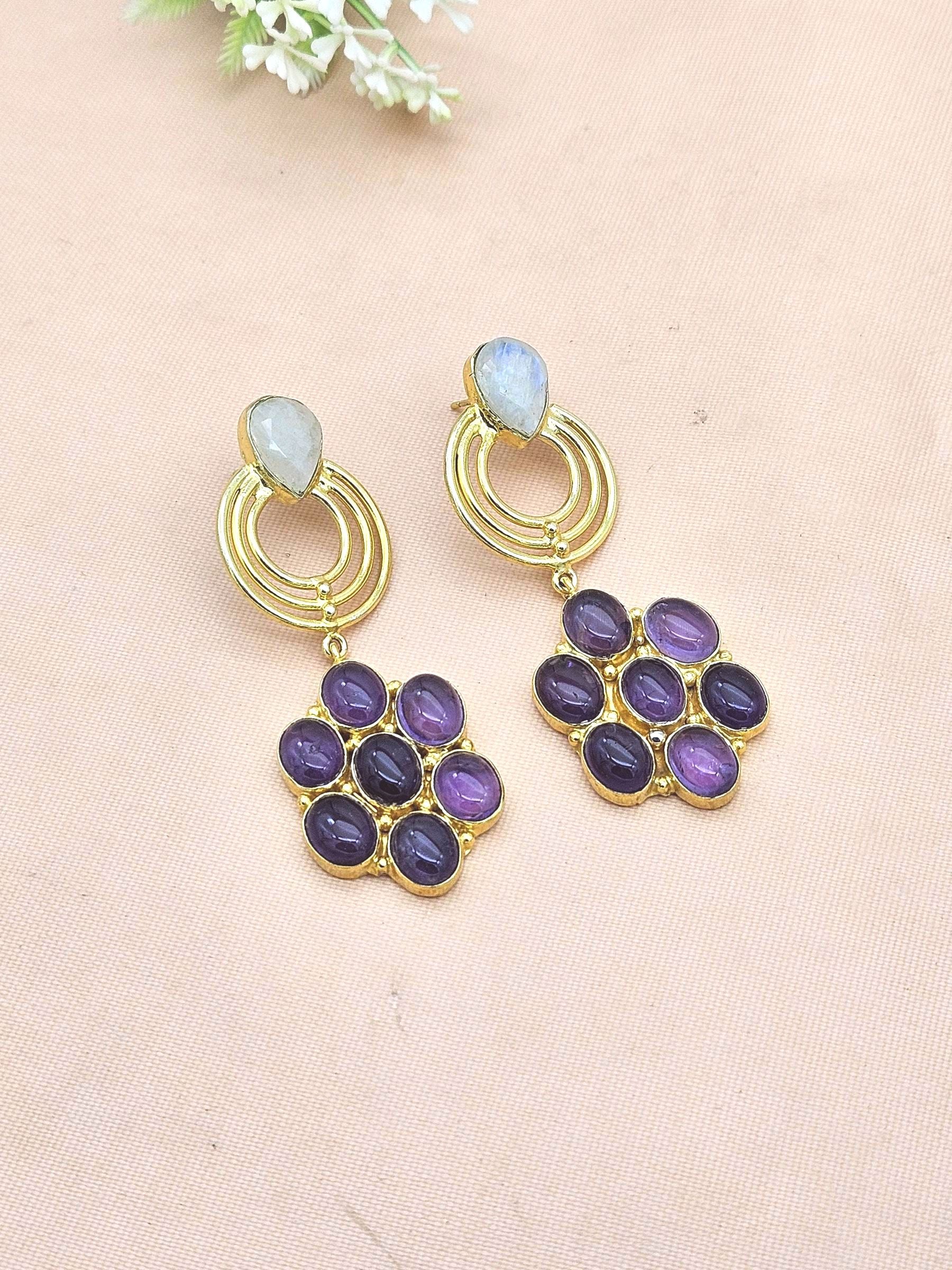 Stunning Gold Plated Amethyst-White Rainbow Stone Floral Designer Dangle Drop Earrings