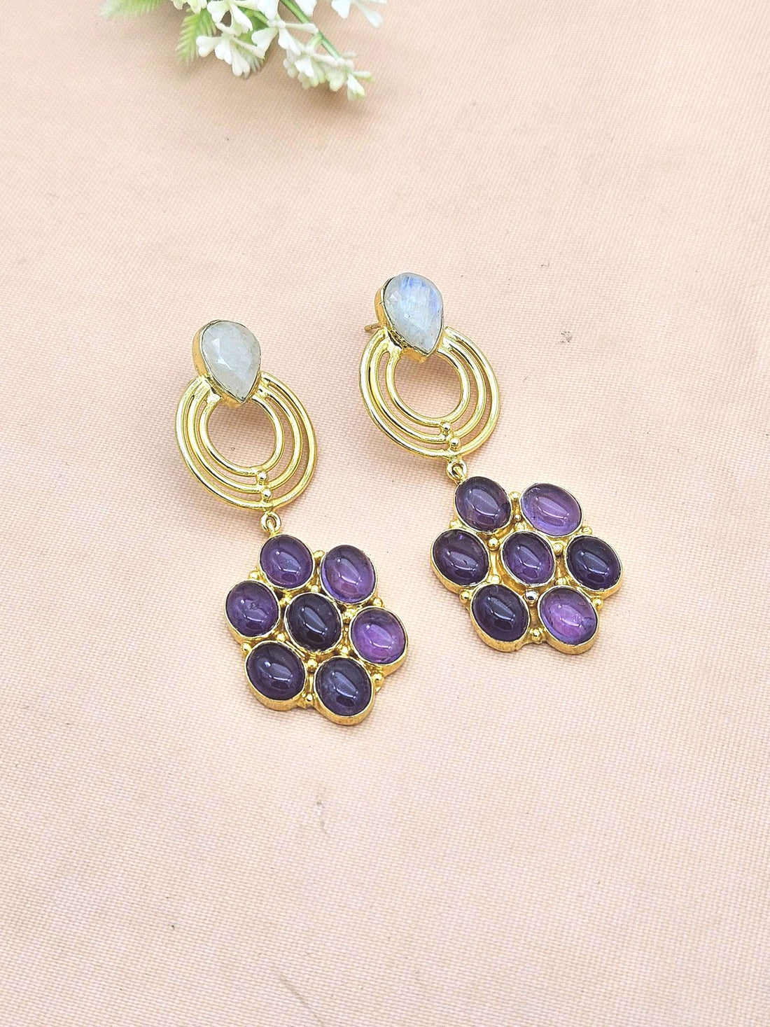 Stunning Gold Plated Amethyst-White Rainbow Stone Floral Designer Dangle Drop Earrings
